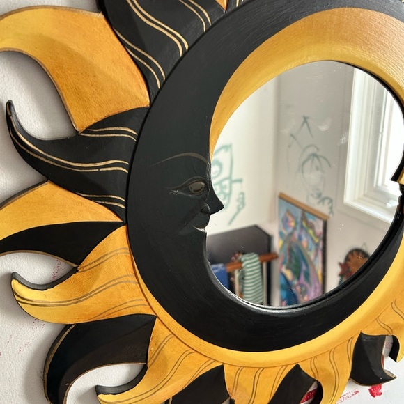 Vintage 90s Celestial Sun and Moon Wall Mirror Decor - Black and Gold 23.5" - Picture 3 of 15
